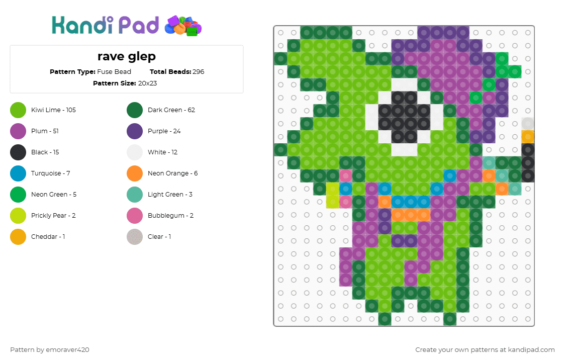 rave glep - Fuse Bead Pattern by emoraver420 on Kandi Pad - glep,rave,smiling friends,edm,music,cartoon,animation,green,pink