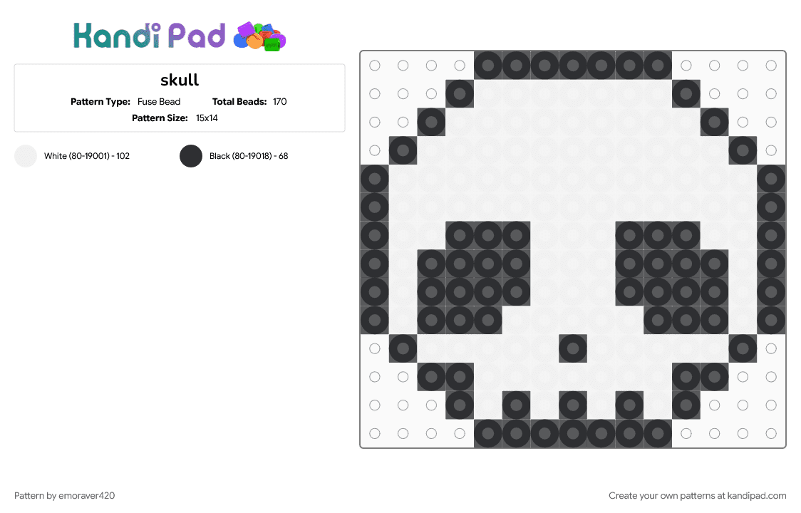 skull - Fuse Bead Pattern by emoraver420 on Kandi Pad - black, white