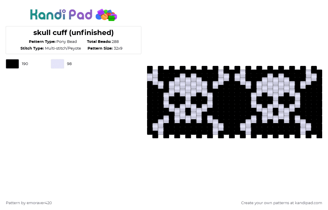 skull cuff (unfinished) - Pony Bead Pattern by emoraver420 on Kandi Pad - black, white