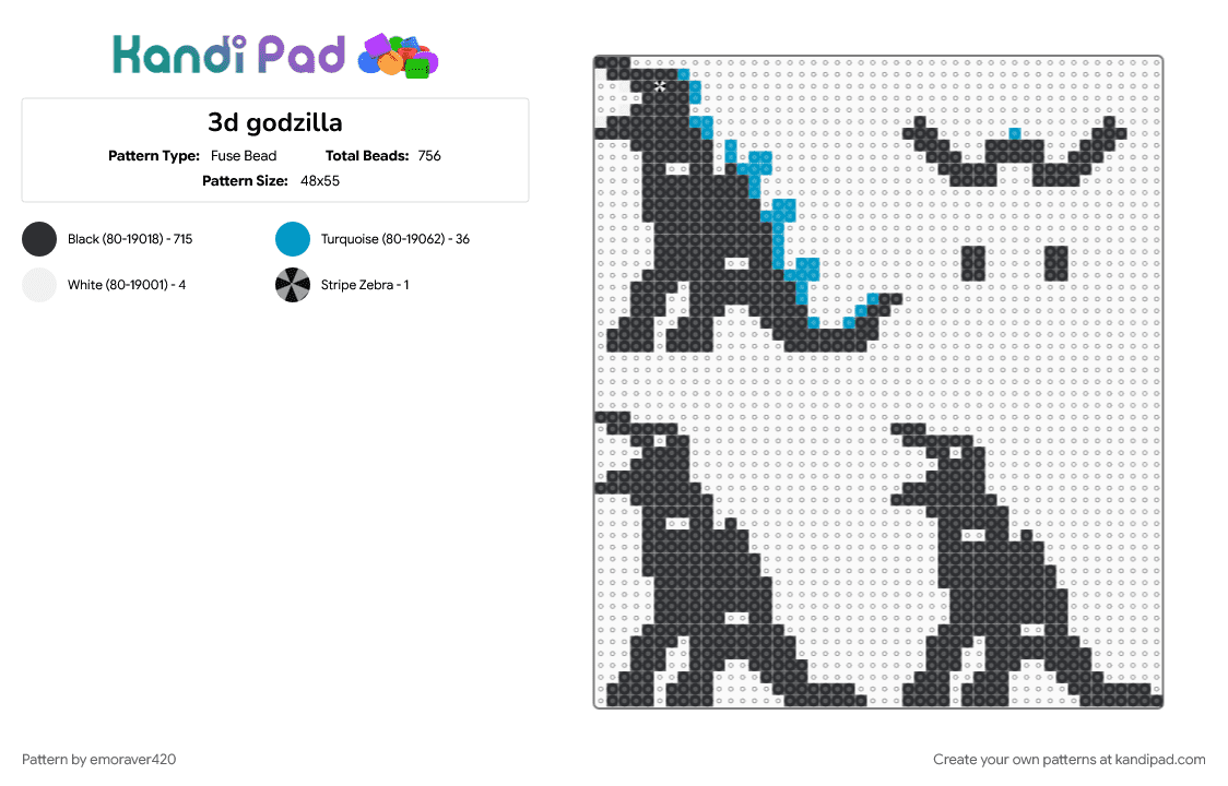 3d godzilla - Fuse Bead Pattern by emoraver420 on Kandi Pad - black, light blue