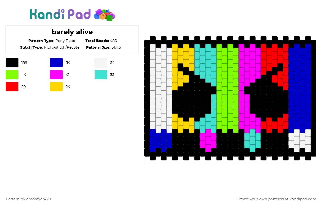 barely alive - Pony Bead Pattern by emoraver420 on Kandi Pad - barely alive,dj,music,edm,purple,pink,light blue,green