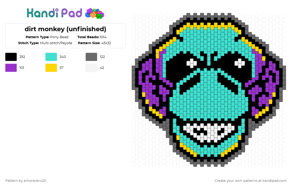 dirt monkey - Pony Bead Pattern by emoraver420 on Kandi Pad - dirt monkey,dj,music,edm,neon,monkey,animal,light blue