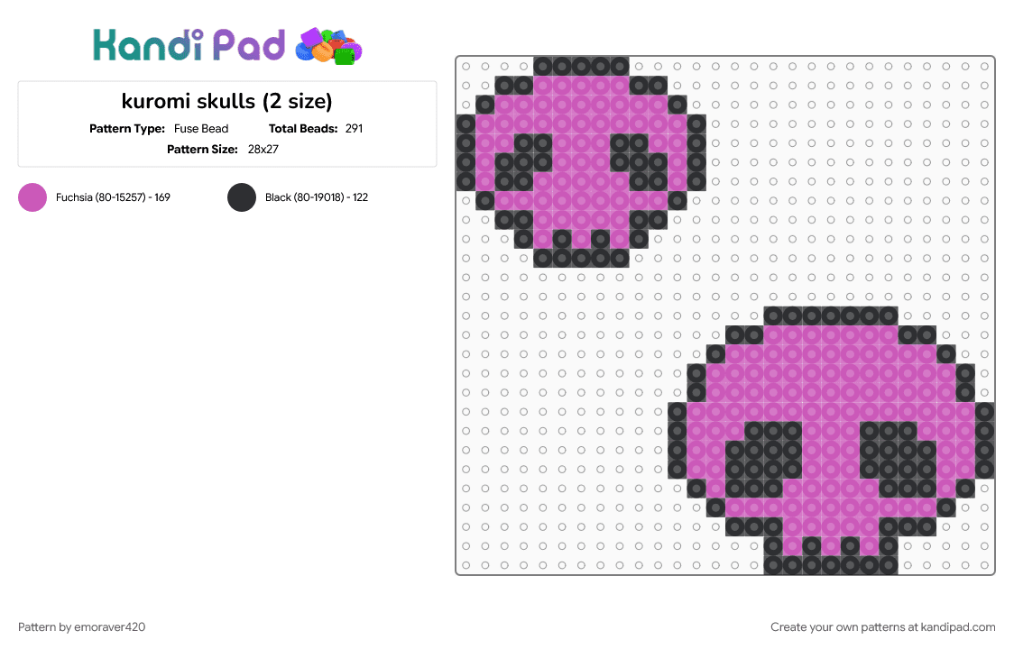 kuromi skulls (2 size) - Fuse Bead Pattern by emoraver420 on Kandi Pad - black, pink