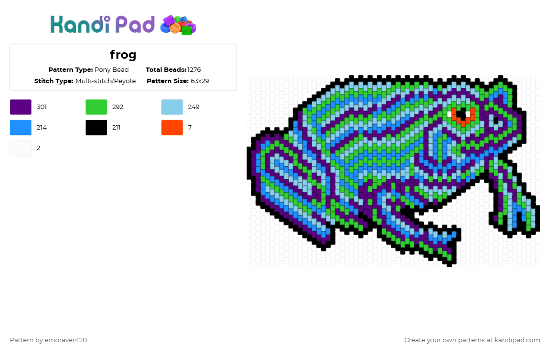 frog - Pony Bead Pattern by emoraver420 on Kandi Pad - purple,green,light blue