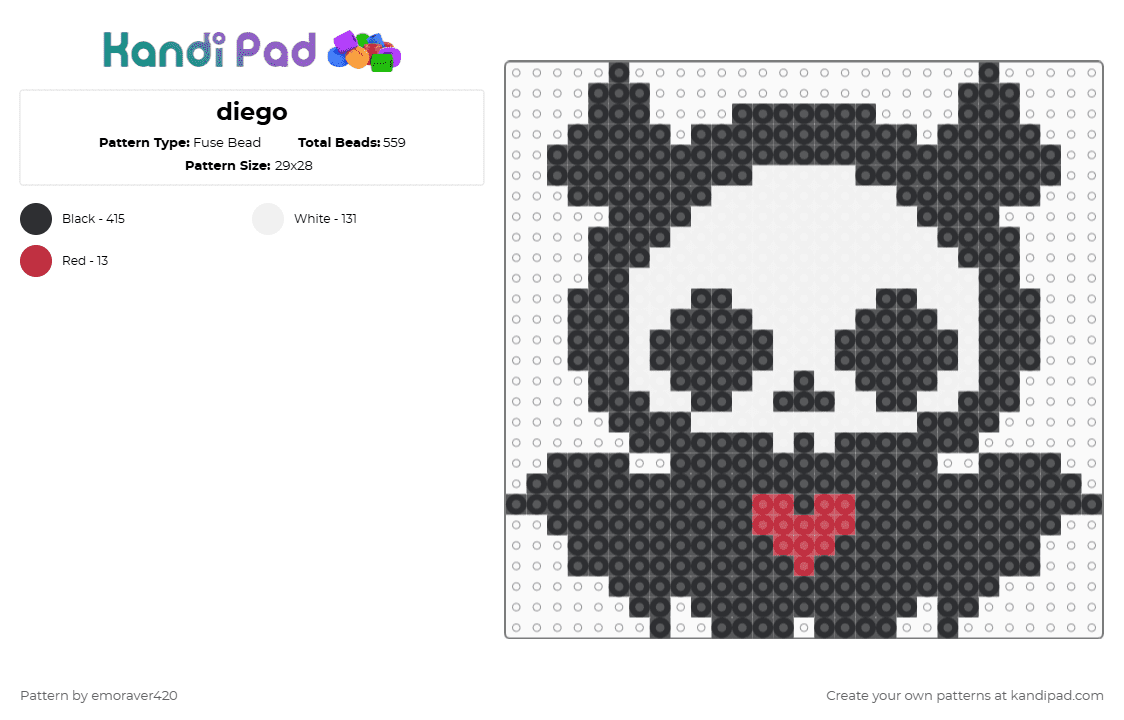 diego - Fuse Bead Pattern by emoraver420 on Kandi Pad - diego,skelanimals,plush,bat,spooky,halloween,animal,holiday,black,white