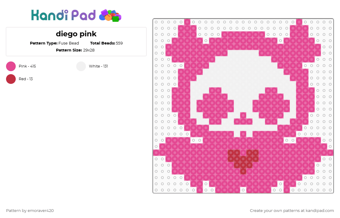 diego pink - Fuse Bead Pattern by emoraver420 on Kandi Pad - diego,skelanimals,plush,bat,spooky,animal,halloween,holiday,pink