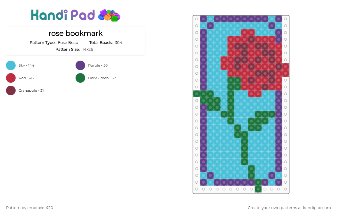 rose bookmark - Fuse Bead Pattern by emoraver420 on Kandi Pad - light blue