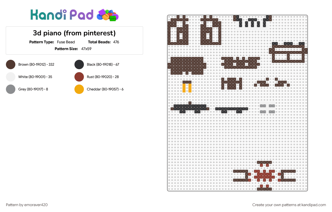 3d piano (from pinterest) - Fuse Bead Pattern by emoraver420 on Kandi Pad - brown