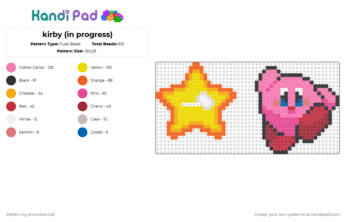 kirby (in progress) - Fuse Bead Pattern by emoraver420 on Kandi Pad - kirby,star,nintendo,video game,character,cartoon,gaming,orange,yellow,pink,red