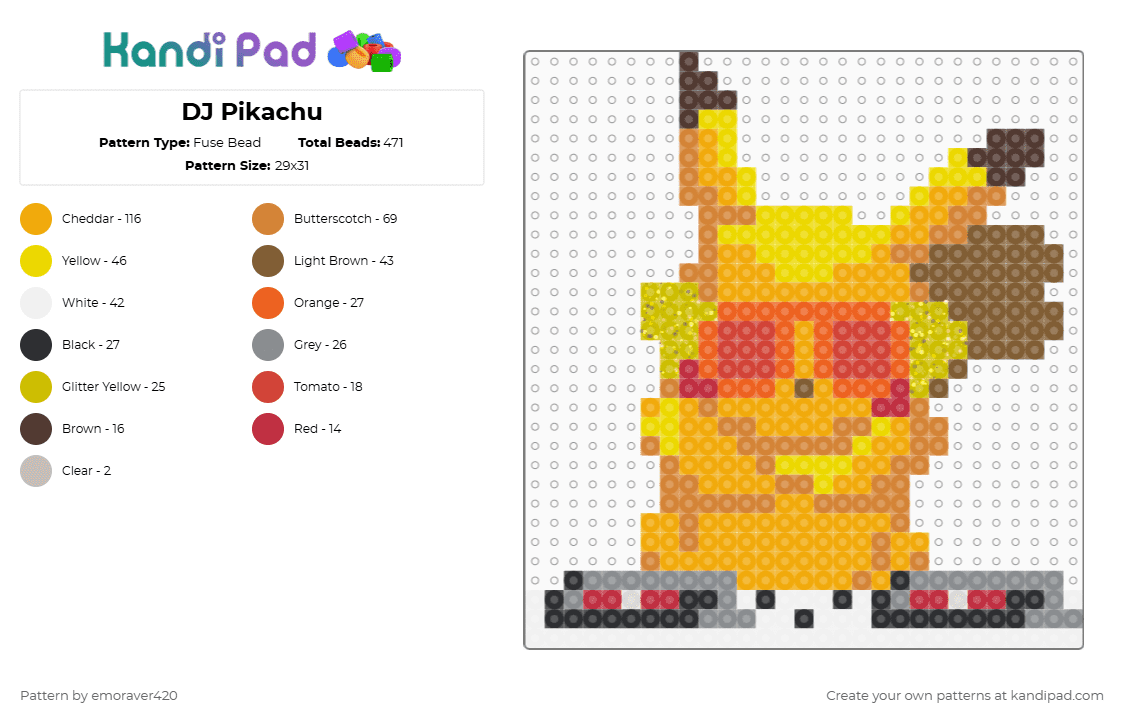 DJ Pikachu - Fuse Bead Pattern by emoraver420 on Kandi Pad - yellow,orange