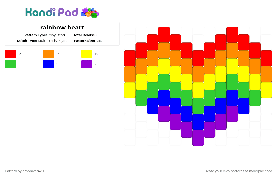 rainbow heart - Pony Bead Pattern by emoraver420 on Kandi Pad - red,purple,orange,yellow