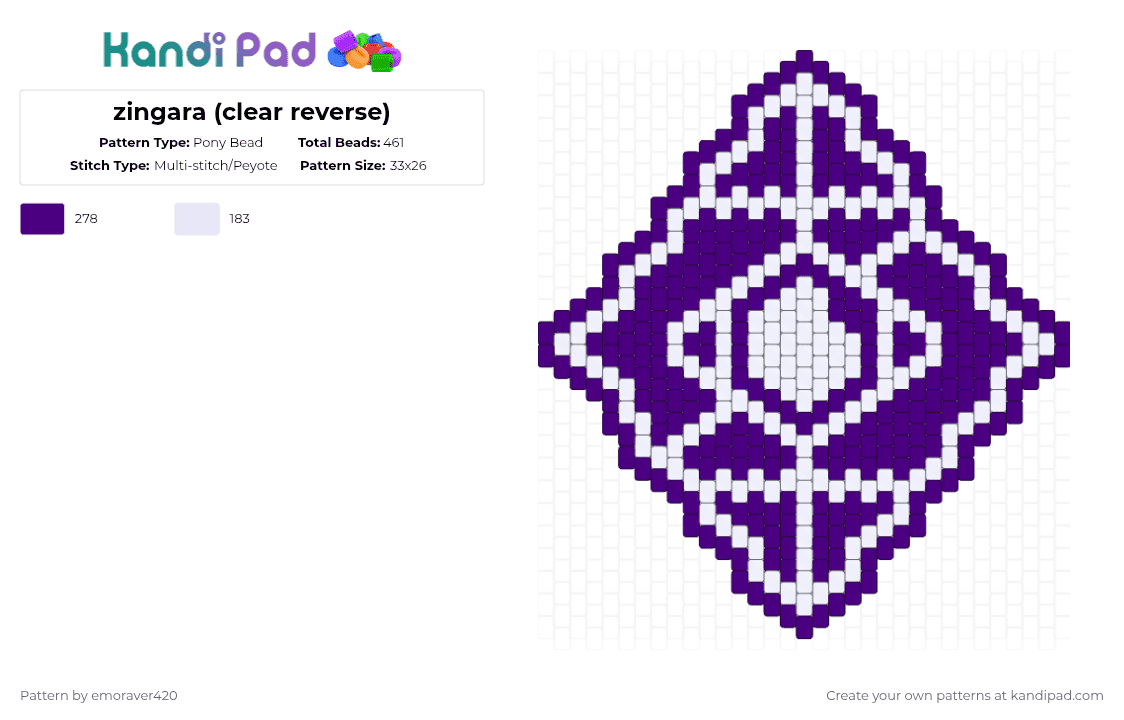 zingara (clear reverse) - Pony Bead Pattern by emoraver420 on Kandi Pad - white,purple