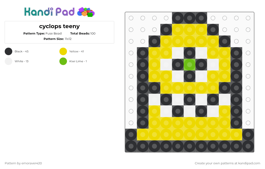 cyclops teeny - Fuse Bead Pattern by emoraver420 on Kandi Pad - subtronics,cyclops,simple,dj,edm,music,charm,yellow