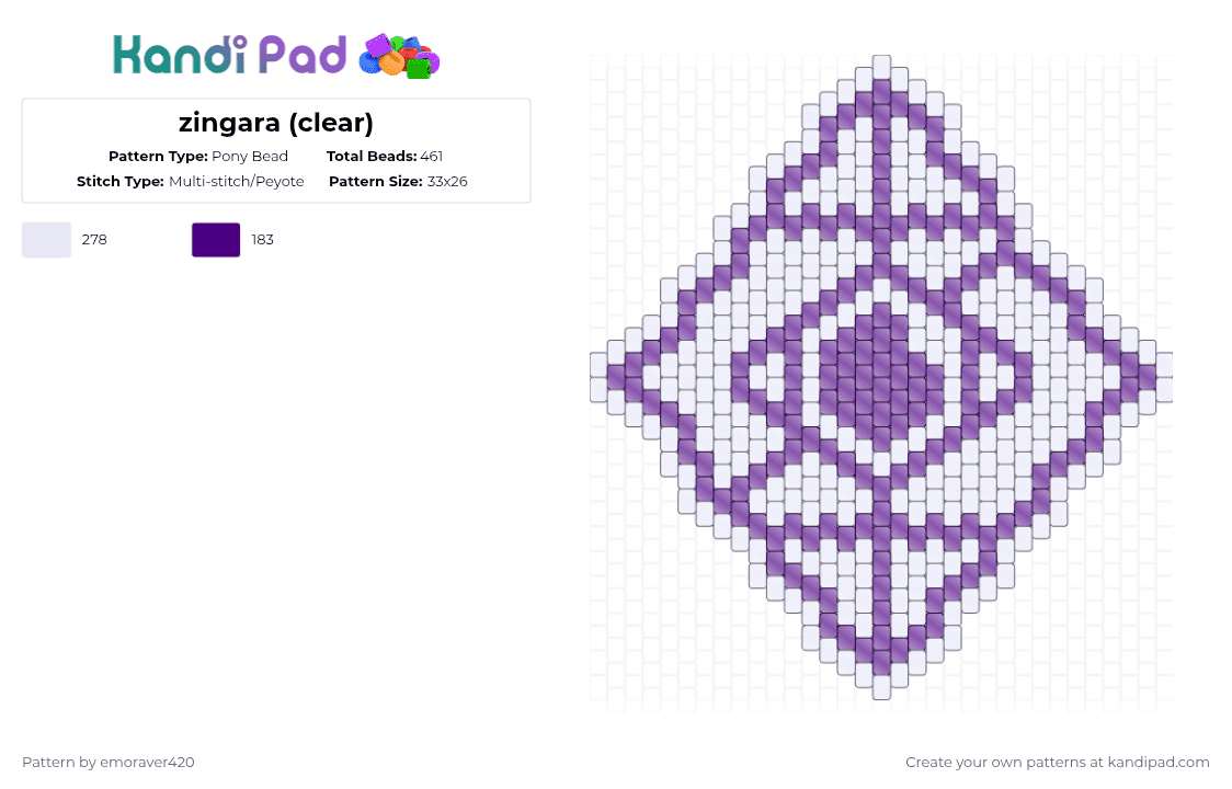 zingara (clear) - Pony Bead Pattern by emoraver420 on Kandi Pad - purple,white