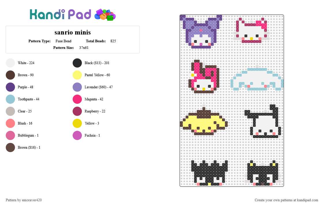 sanrio minis - Fuse Bead Pattern by emoraver420 on Kandi Pad - pink,yellow,brown