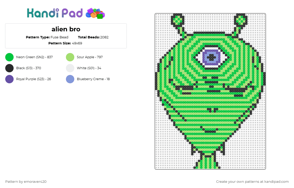 alien bro - Fuse Bead Pattern by emoraver420 on Kandi Pad - green