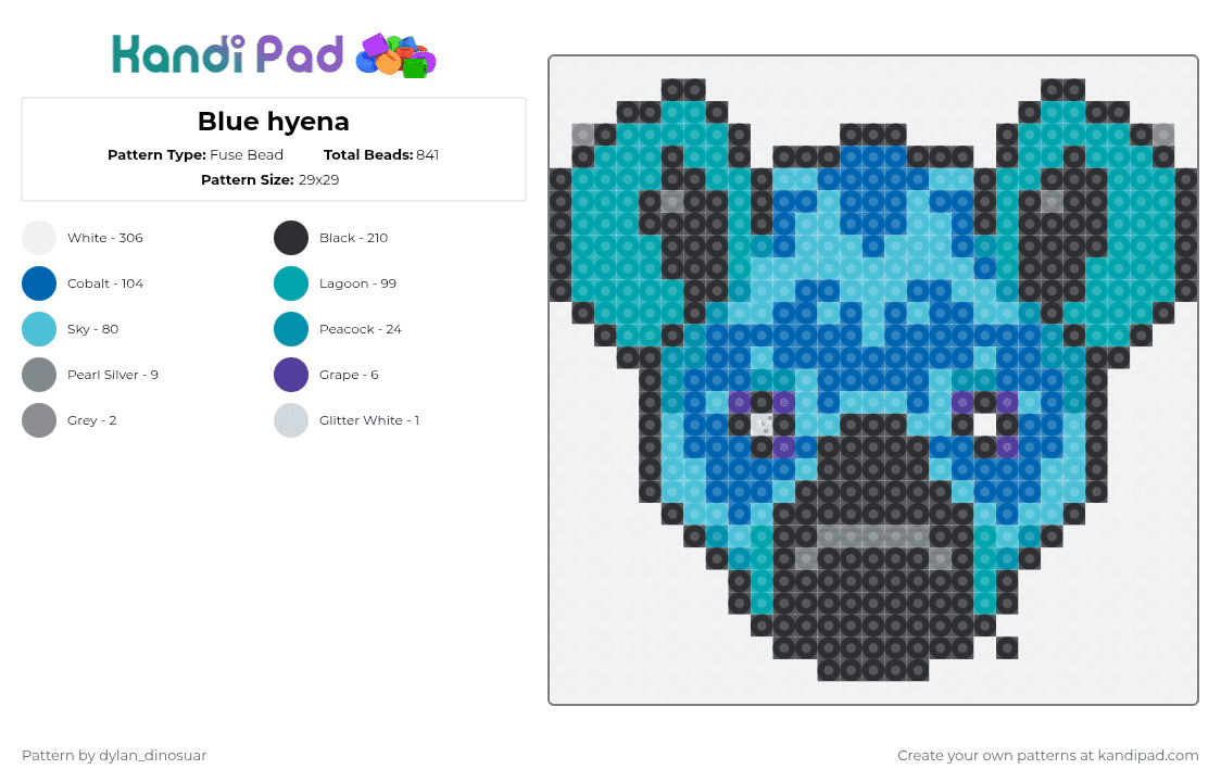 Blue hyena - Fuse Bead Pattern by dylan_dinosuar on Kandi Pad - white,teal,blue,light blue