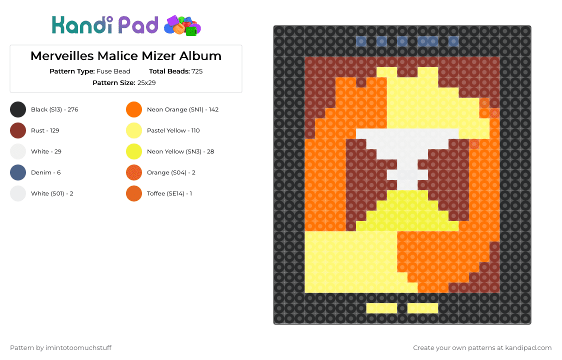 Merveilles Malice Mizer Album - Fuse Bead Pattern by imintotoomuchstuff on Kandi Pad - gackt, kami, kozi, malice mizer, manasama, music, orange, red, vkei, yellow, yuki