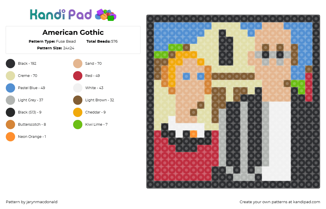 American Gothic - Fuse Bead Pattern by jarynmacdonald on Kandi Pad - beige,red,yellow,light blue