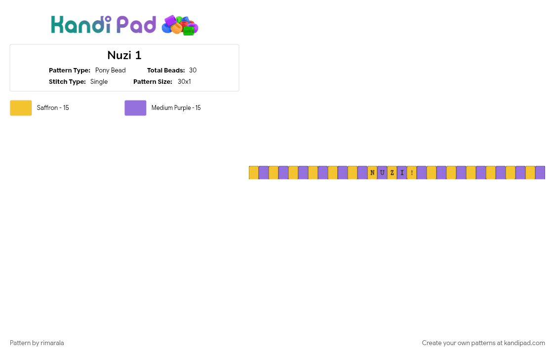Nuzi 1 - Pony Bead Pattern by rimarala on Kandi Pad - murberdrones, nuziiiii, purple, yellow