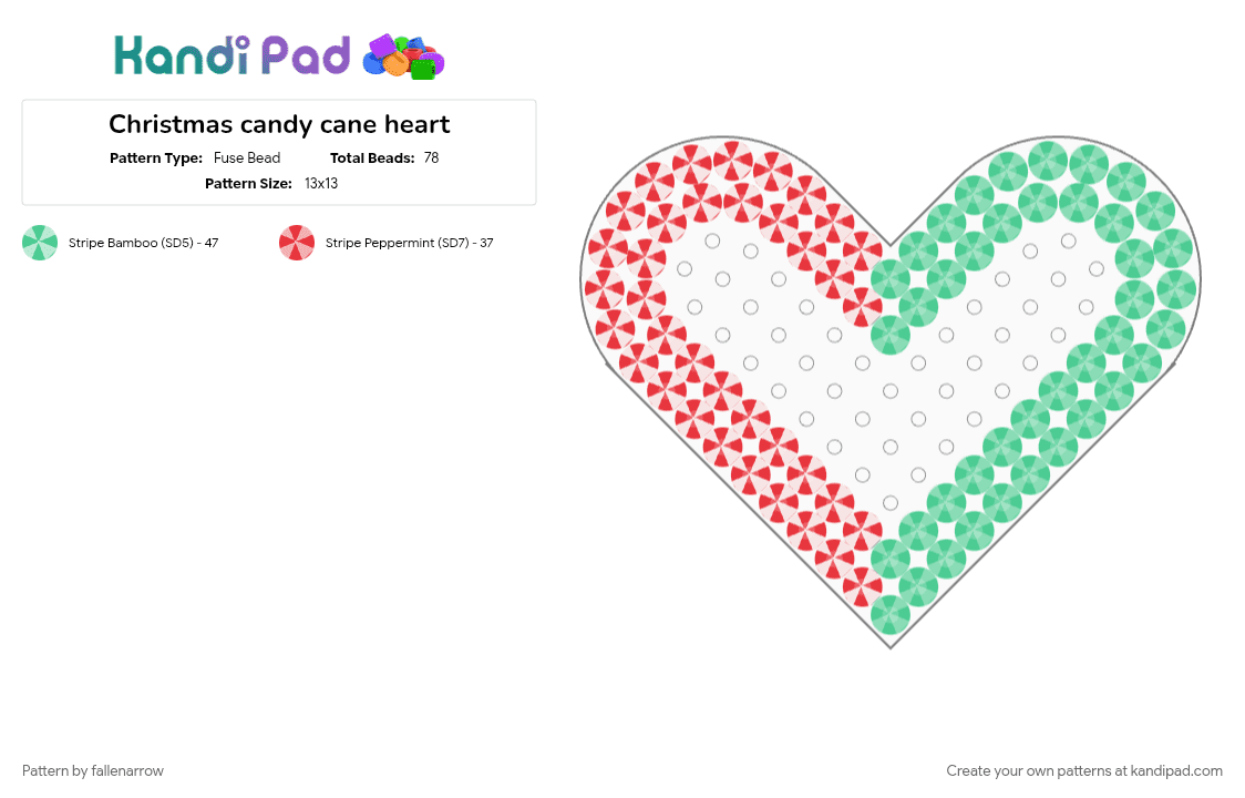 Christmas candy cane heart - Fuse Bead Pattern by fallenarrow on Kandi Pad - red, teal