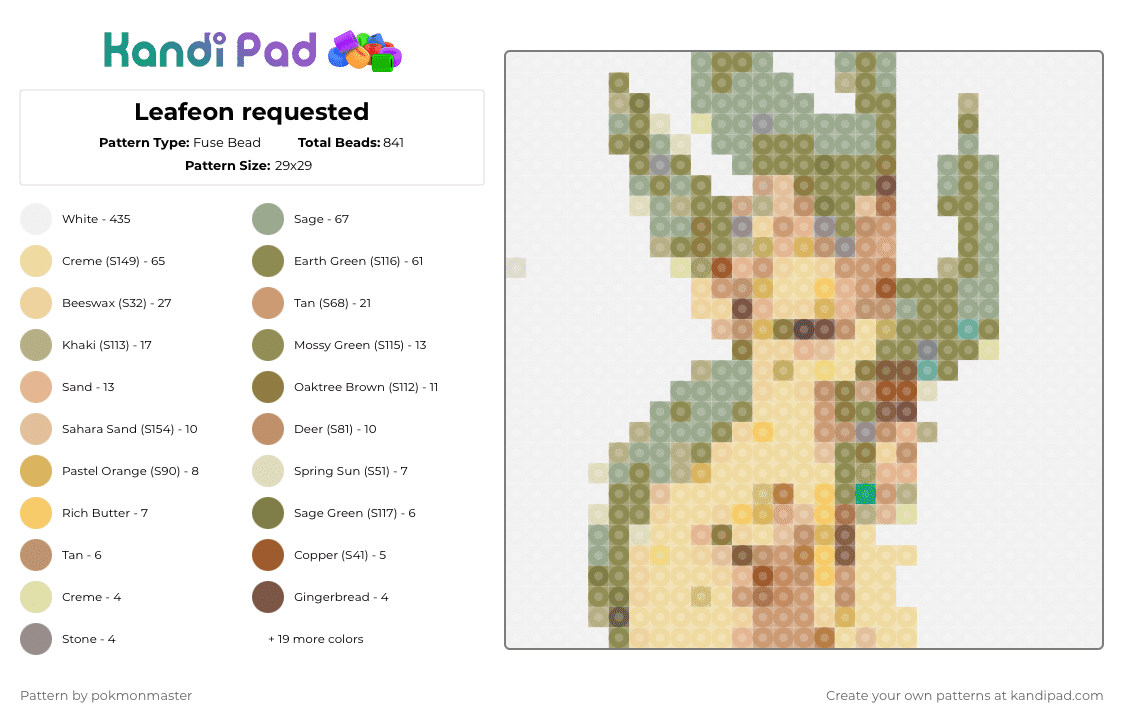 Leafeon requested - Fuse Bead Pattern by rimarala on Kandi Pad - 