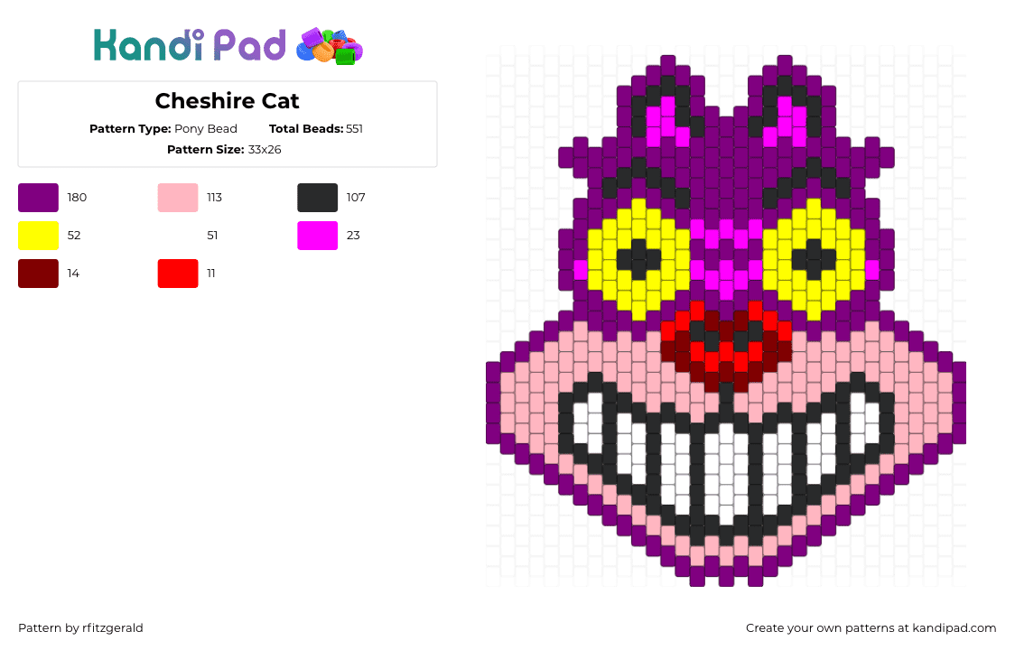 Cheshire Cat - Pony Bead Pattern by rfitzgerald on Kandi Pad - cheshire cat,alice in wonderland,head,smile,character,story,pink