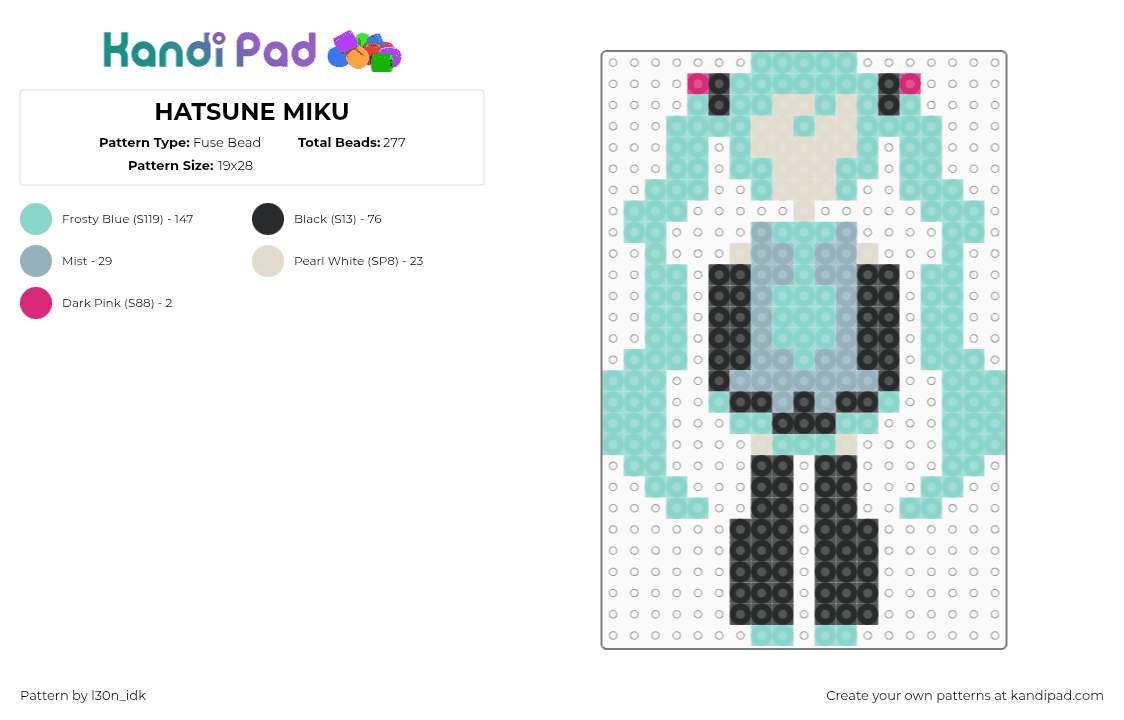 HATSUNE MIKU - Fuse Bead Pattern by l30n_idk on Kandi Pad - light blue,miku,hatsune miku,music,vocaloid