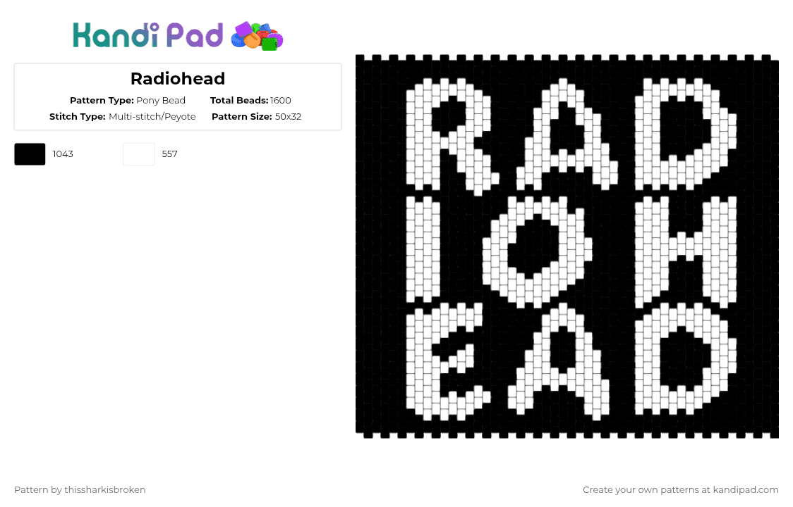 Radiohead - Pony Bead Pattern by thissharkisbroken on Kandi Pad - radiohead,band,music,panel,text,black,white