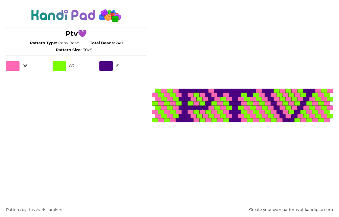 Ptv💜 - Pony Bead Pattern by thissharkisbroken on Kandi Pad - green, pink