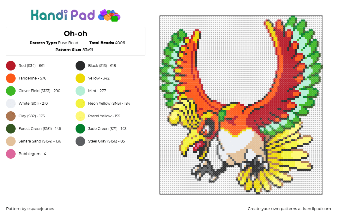 Ho-oh - Fuse Bead Pattern by espacejeunes on Kandi Pad - red,orange,yellow,light blue,colorful