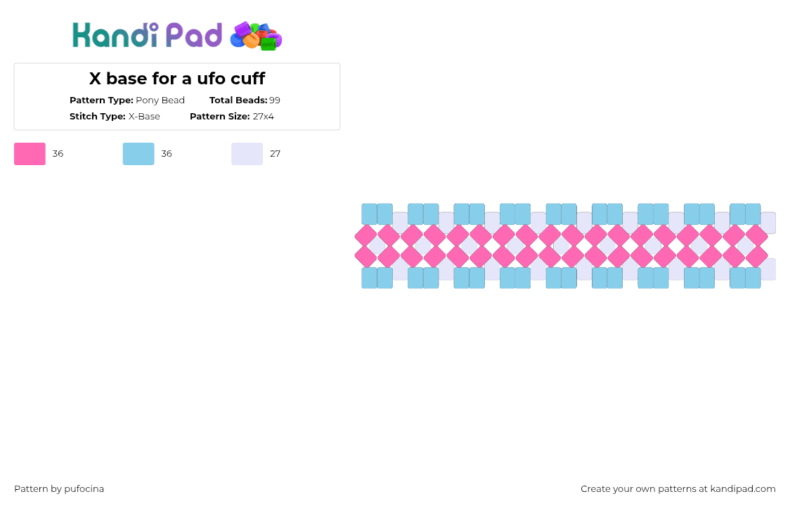 X base for a ufo cuff - Pony Bead Pattern by pufocina on Kandi Pad - pink,light blue,xbase,small cuff