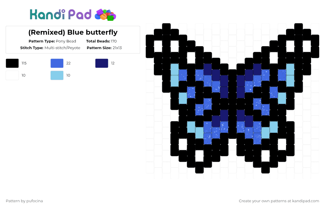(Remixed) Blue butterfly - Pony Bead Pattern by pufocina on Kandi Pad - black,blue,butterfly,blue butterfly,remixed