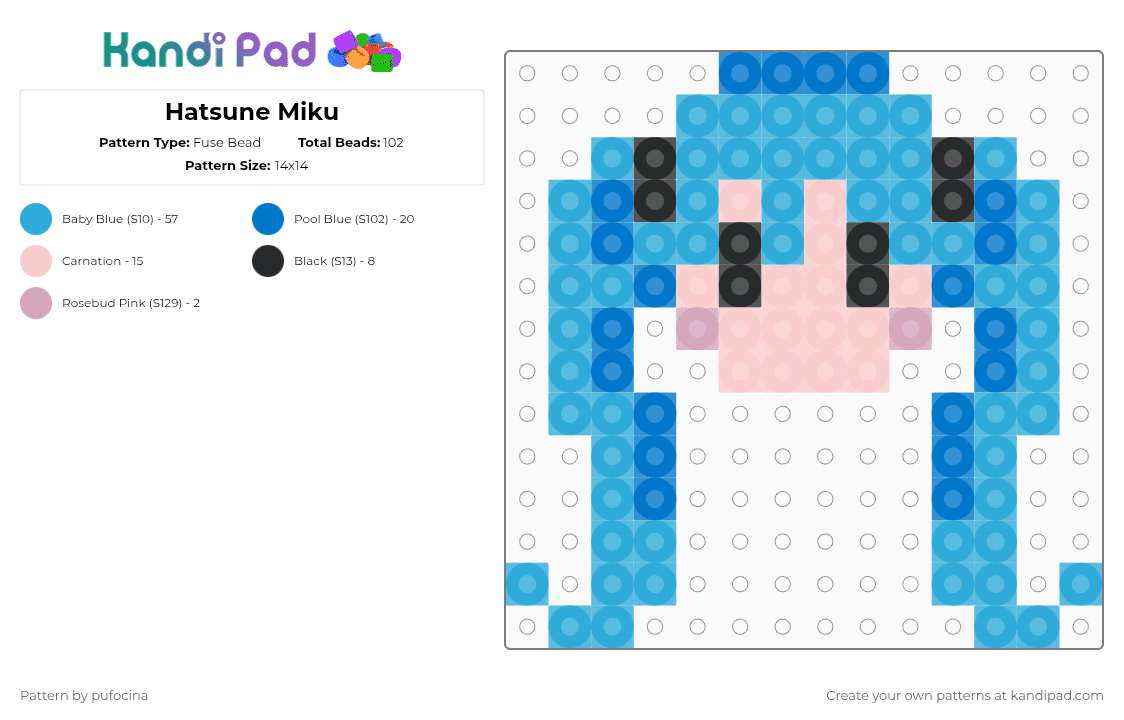 Hatsune Miku - Fuse Bead Pattern by pufocina on Kandi Pad - light blue,hatsune miku,miku,vocaloid