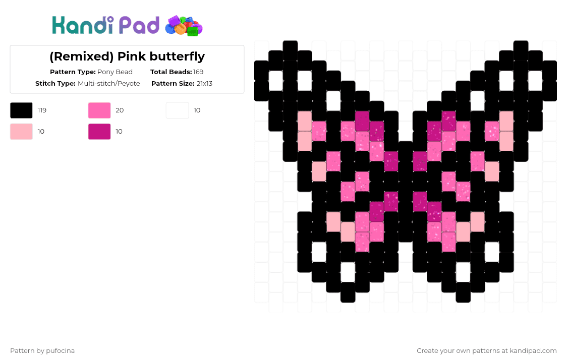 (Remixed) Pink butterfly - Pony Bead Pattern by pufocina on Kandi Pad - black,pink,butterfly,pink butterfly,magnet mikuluka