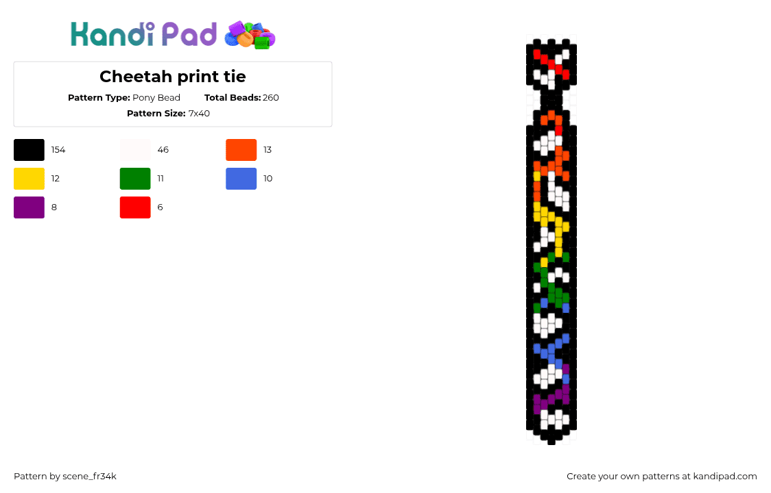 Cheetah print tie - Pony Bead Pattern by kornb4ll on Kandi Pad - black,white,yellow,red