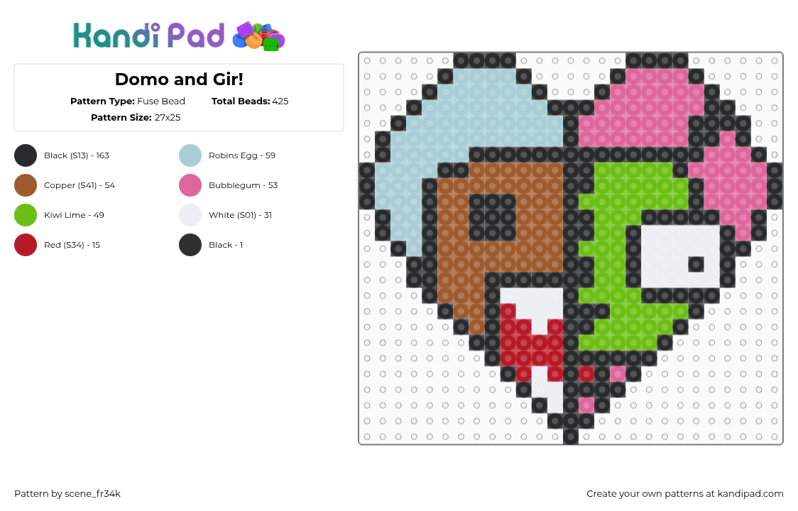 Domo and Gir! - Fuse Bead Pattern by kornb4ll on Kandi Pad - light blue,tan,green,pink