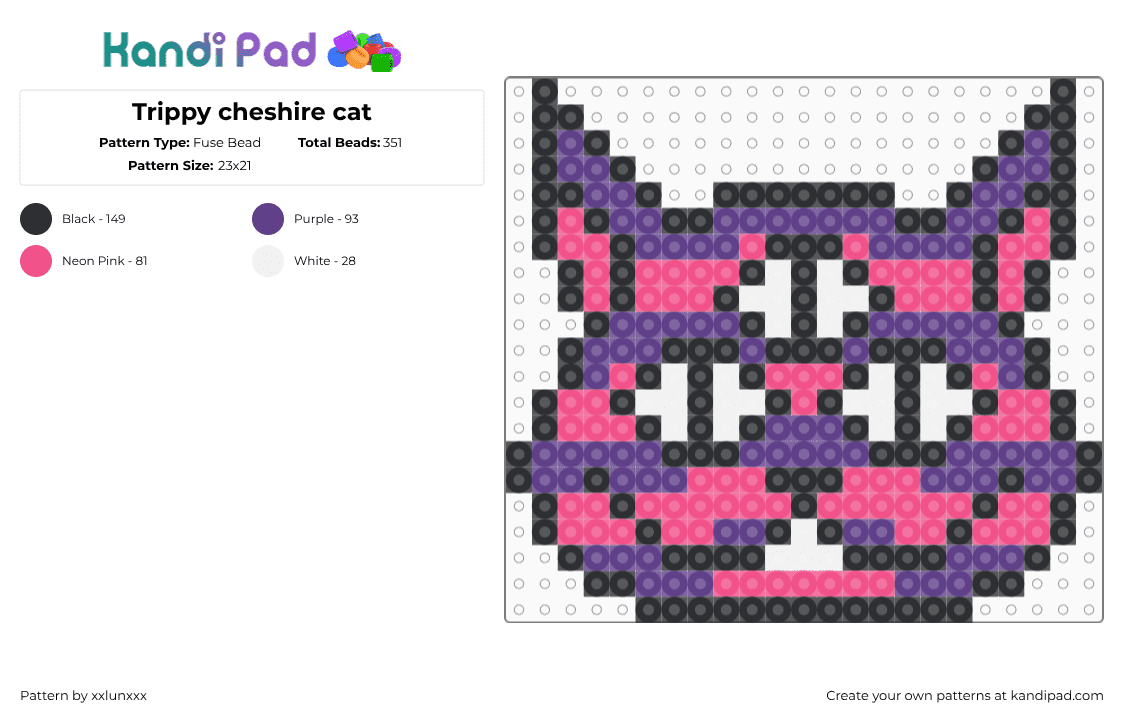 Trippy cheshire cat - Fuse Bead Pattern by xxlunxxx on Kandi Pad - cheshire cat,eyes,psychedelic,head,charm,cartoon,pink,purple,trippy,cashier cat,disney,trippy kitty,trippy cheshire cat