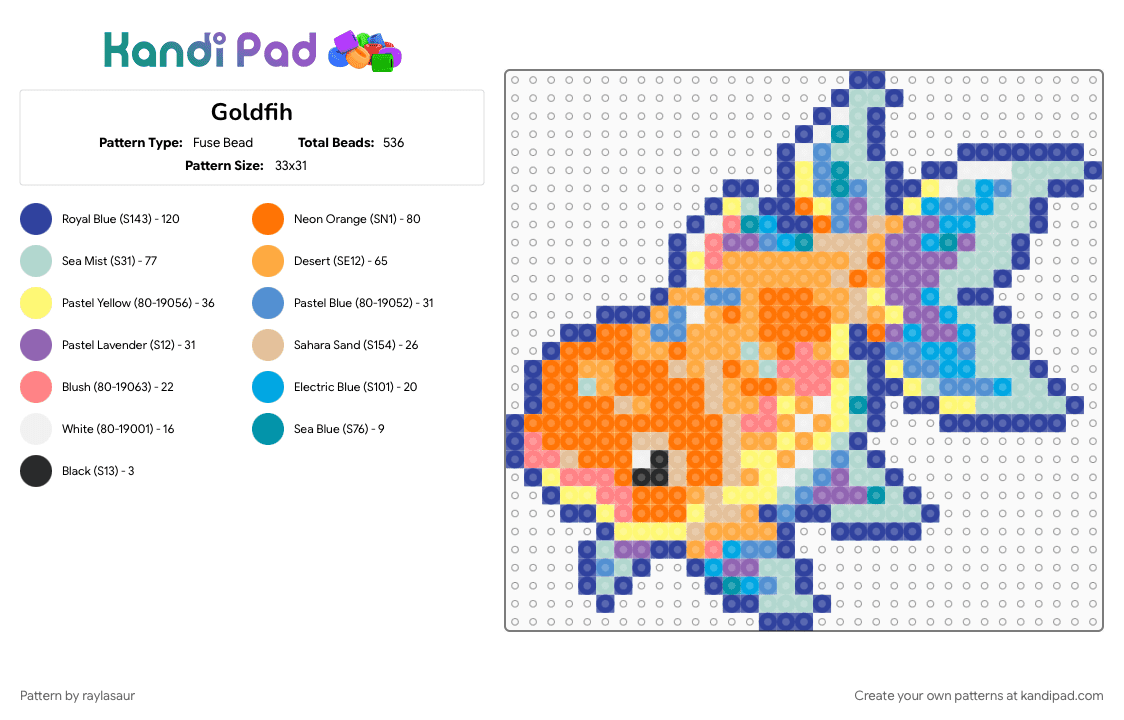 Goldfih - Fuse Bead Pattern by raylasaur on Kandi Pad - fish, light blue, orange, purple