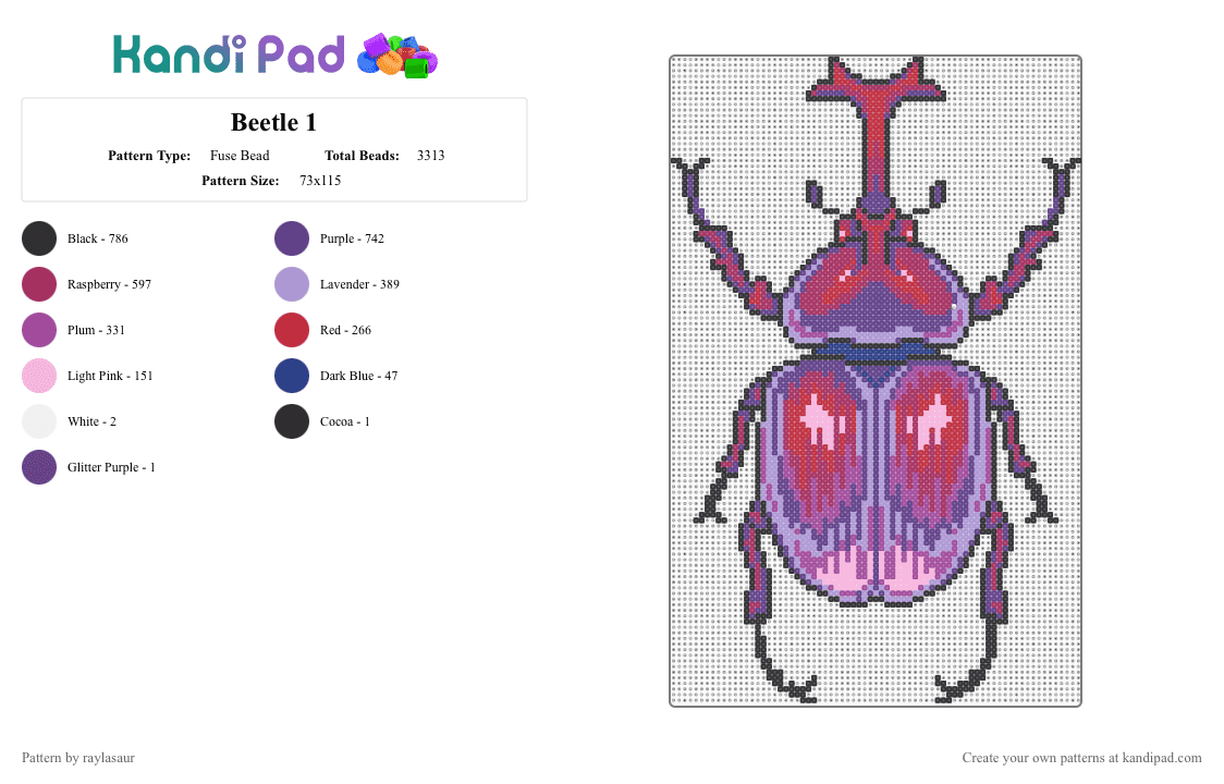Beetle 1 - Fuse Bead Pattern by raylasaur on Kandi Pad - pink,purple,big bug