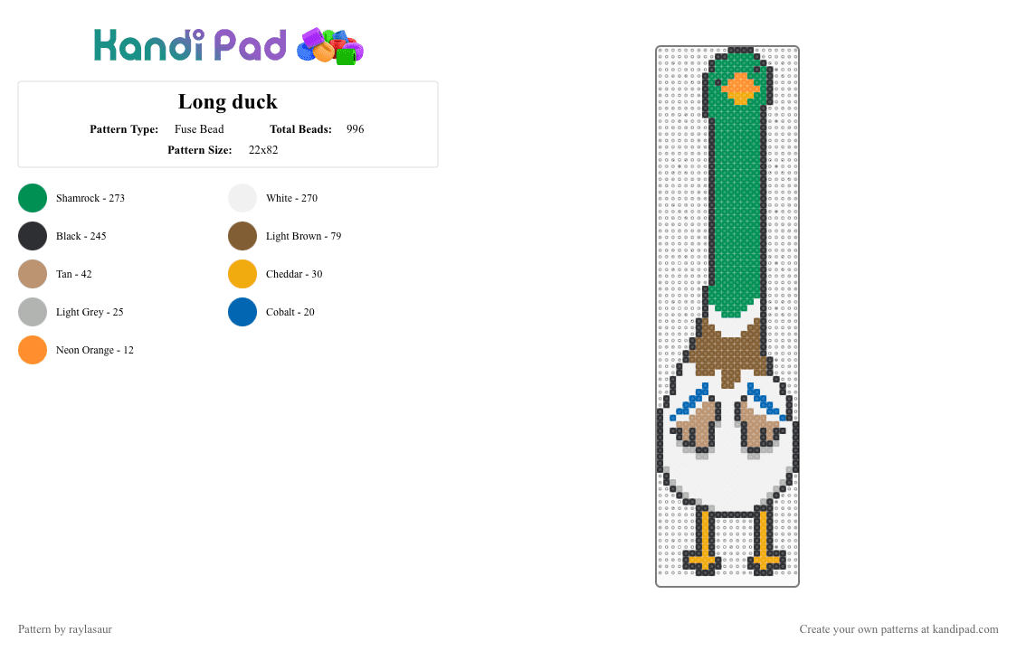 Long duck - Fuse Bead Pattern by raylasaur on Kandi Pad - green,duck,long
