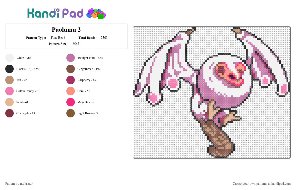 Paolumu 2 - Fuse Bead Pattern by raylasaur on Kandi Pad - white,pink,video games,monster hunter,paolumu