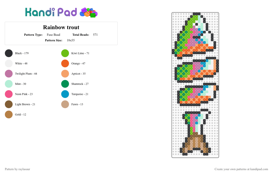 Rainbow trout - Fuse Bead Pattern by raylasaur on Kandi Pad - green,pink,orange,fish,trout