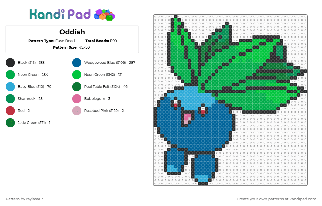 Oddish - Fuse Bead Pattern by raylasaur on Kandi Pad - green,blue,pokemon,video games,oddish