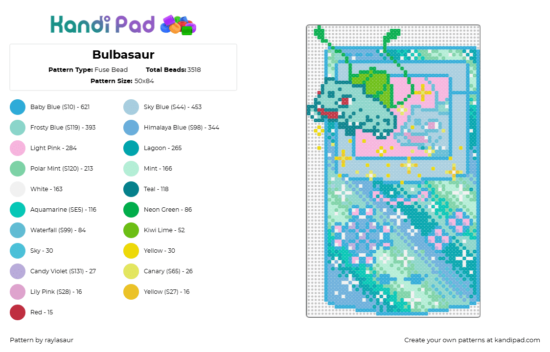 Bulbasaur - Fuse Bead Pattern by raylasaur on Kandi Pad - light blue,teal,video game,pokemon,bulbasaur