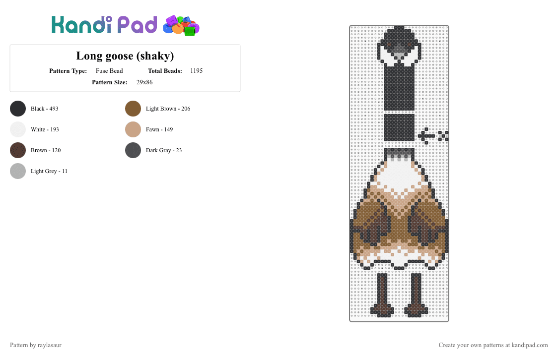 Long goose (shaky) - Fuse Bead Pattern by raylasaur on Kandi Pad - tan,brown,beige,goose,bird