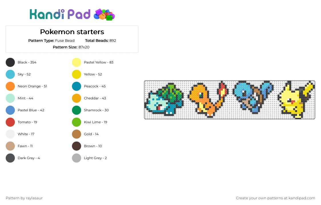 Pokemon starters gen 1 - Fuse Bead Pattern by raylasaur on Kandi Pad - black,light blue,green,yellow,colorful