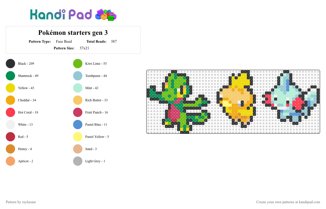 Pokémon starters gen 3 - Fuse Bead Pattern by raylasaur on Kandi Pad - yellow,green,light blue,pokmon,starters