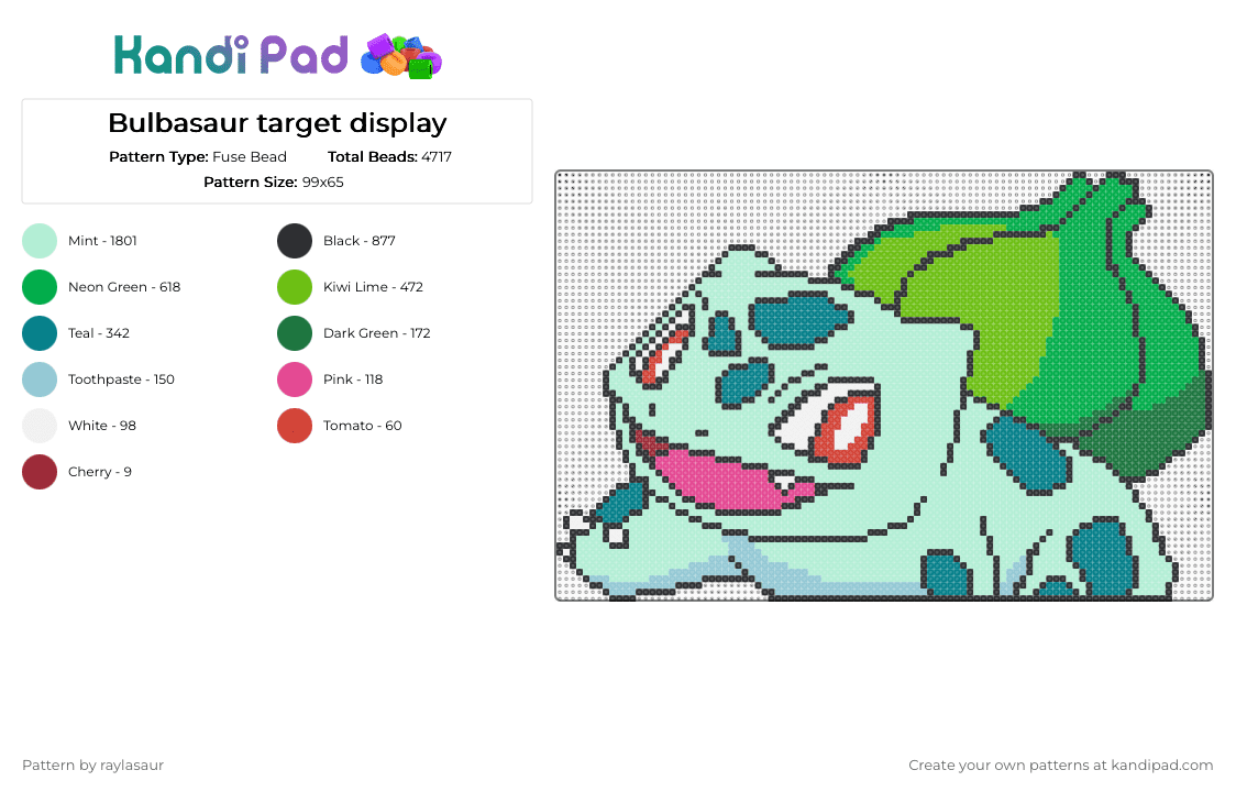 Bulbasaur Grid Pattern Bulbasaur target display Fuse Bead Pattern - Kandi Pad | Kandi Patterns ...