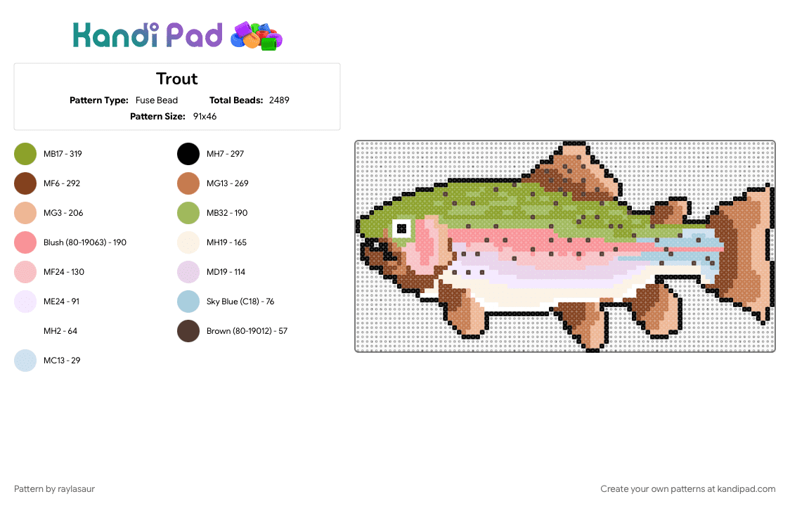 Trout - Fuse Bead Pattern by raylasaur on Kandi Pad - beige, brown, fish, green